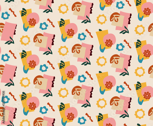 Seamless pattern with Matisse-inspired cutout colorful shapes for beach related designs or wrapping paper and other merchandise.