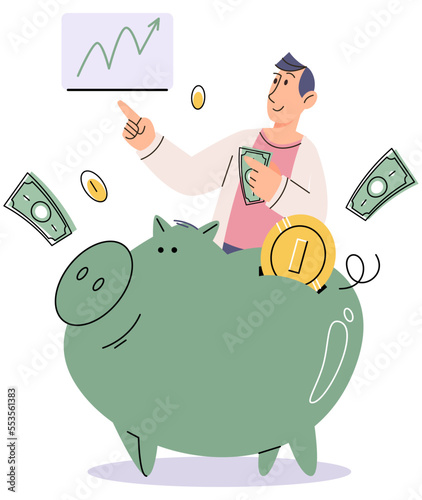 Man puts money in piggy bank with coins and dollar bills. Concept of banking, saving money, deposit, cash back. Open bank deposit, plan finance budget, investment. Diversification of savings
