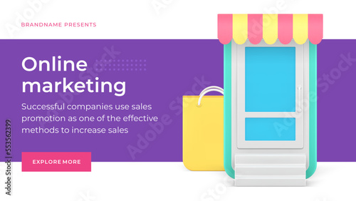 Online marketing digital awning store promo business shopping internet technology social media banner 3d icon vector illustration. Web management purchase order commercial goods retail service