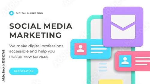 Social media marketing SMM internet promo advertising smartphone application web banner 3d icon vector illustration. Online business management digital technology network SEO content strategy