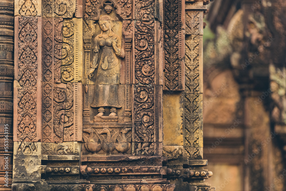 Detail of the carved facade at Banteay Srei Temple, Angkor Wat complex; Siem Reap, Cambodia Detail of the carved facade at Banteay Srei Temple, Angkor Wat complex; Siem Reap, Cambodia