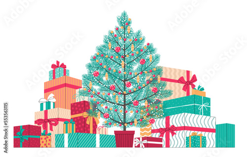 Christmas fir tree and big pile of gift boxes in festive wrapping paper with ribbon and bows. Marry Christmas or Happy New Year concept. Trendy flat vector illustration in modern style.