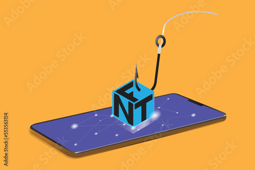 Scams and Phishing NFTs nonfungible tokens concept on orange background. Hacking personal information website. Online sucurity.