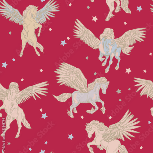 Vintage magic horse with wings seamless pattern, pegasus texture
