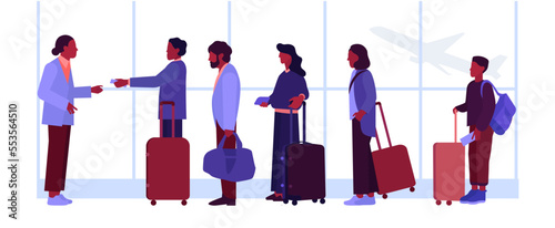 People waiting plane departure. Airport check in queue departure area waiting, travelers checking. Vector illustration.