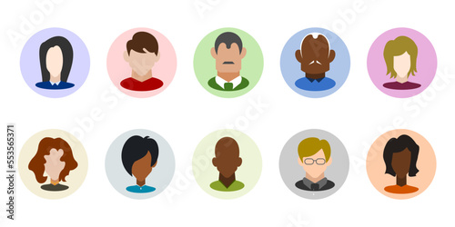 10 avatar colorful flat people icons, different characters, age and race for avatars in social networks and communication interface