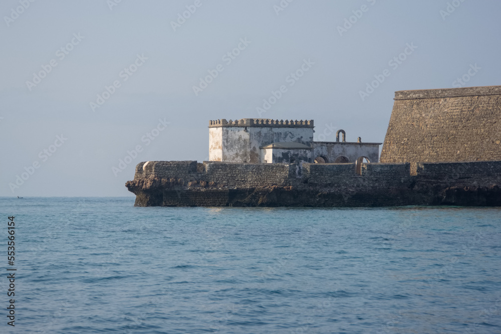 View of the Chapel of Nossa Senhora de Baluarte from the sea in the morning, Mozambique