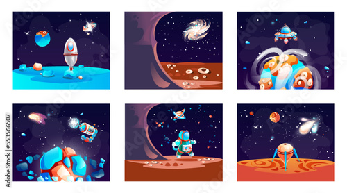 Space planet landscape set, cosmic game background with spaceship, alien fantasy asteroid surface. Futuristic night sky location banner, sci-fi environment wallpaper. Fantasy planet rock landscape