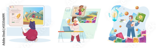 Gaming with cryptocurrency, gameplay to earn, Metaverse, digital world, virtual character . Play to earn games created on basis of blockchain project with elements of NFT. Blackchain mobile game