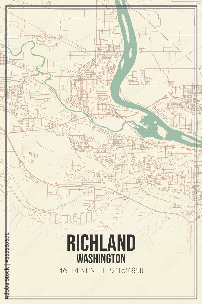 Fototapeta premium Retro US city map of Richland, Washington. Vintage street map.