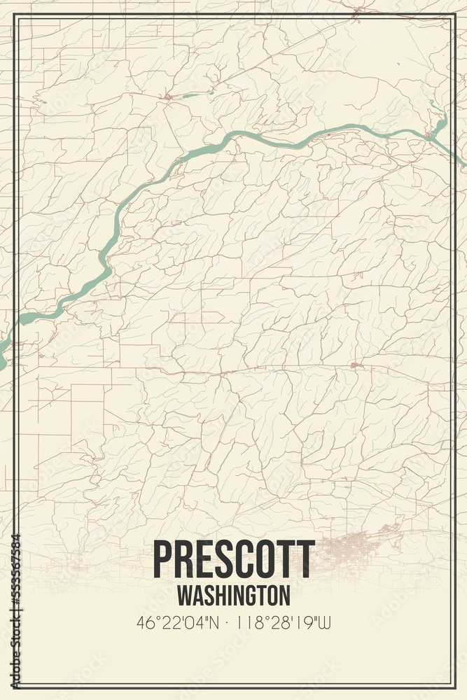 Retro US city map of Prescott, Washington. Vintage street map.