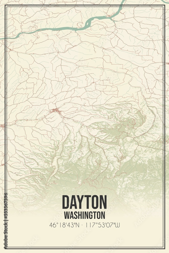 Retro US city map of Dayton, Washington. Vintage street map.