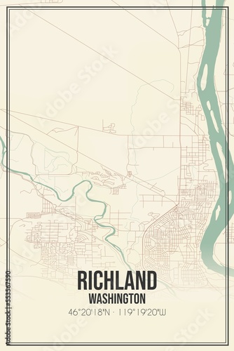 Retro US city map of Richland  Washington. Vintage street map.
