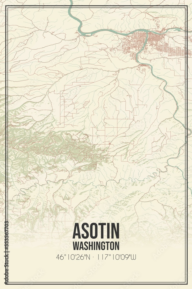 Retro US city map of Asotin, Washington. Vintage street map.
