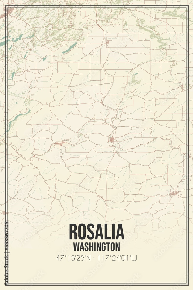 Retro US city map of Rosalia, Washington. Vintage street map.