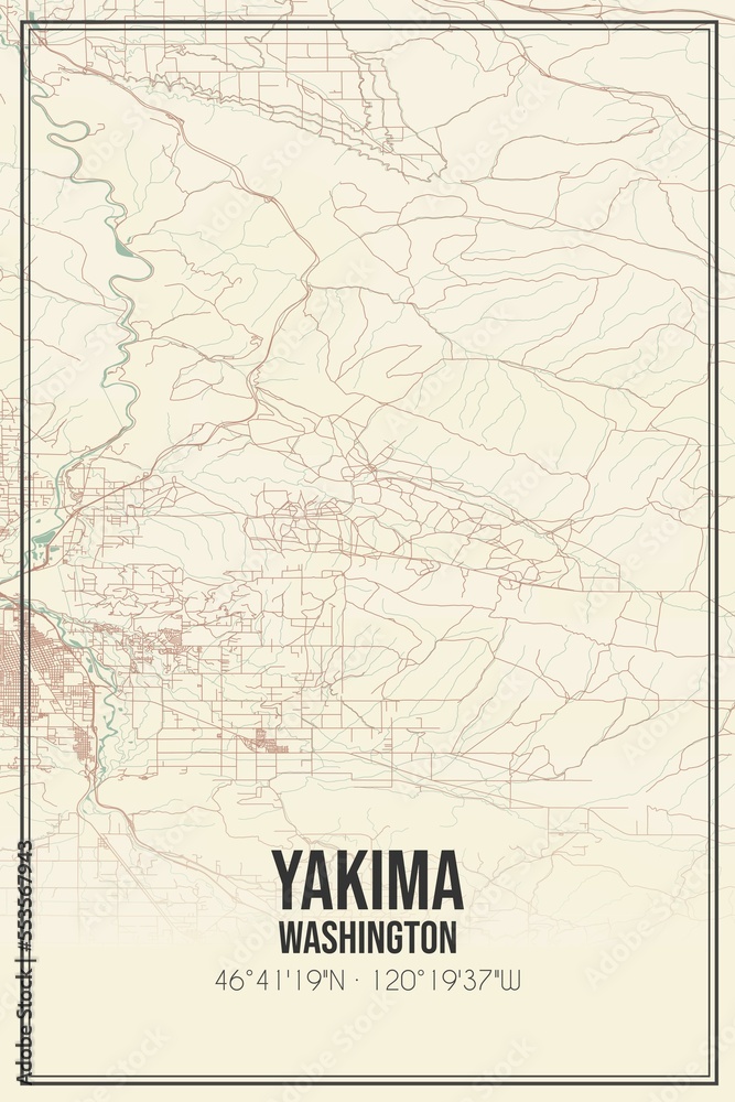 Retro US city map of Yakima, Washington. Vintage street map.