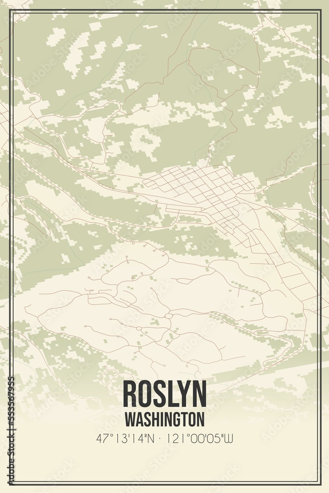 Retro US city map of Roslyn, Washington. Vintage street map.