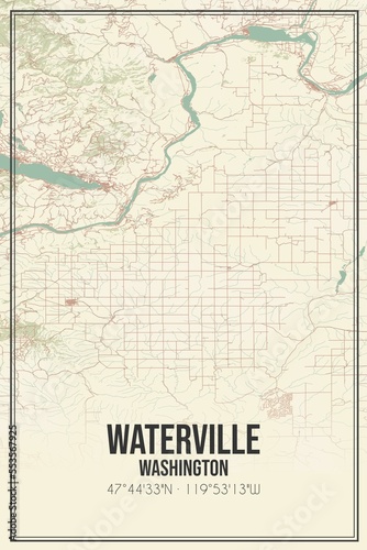 Retro US city map of Waterville  Washington. Vintage street map.