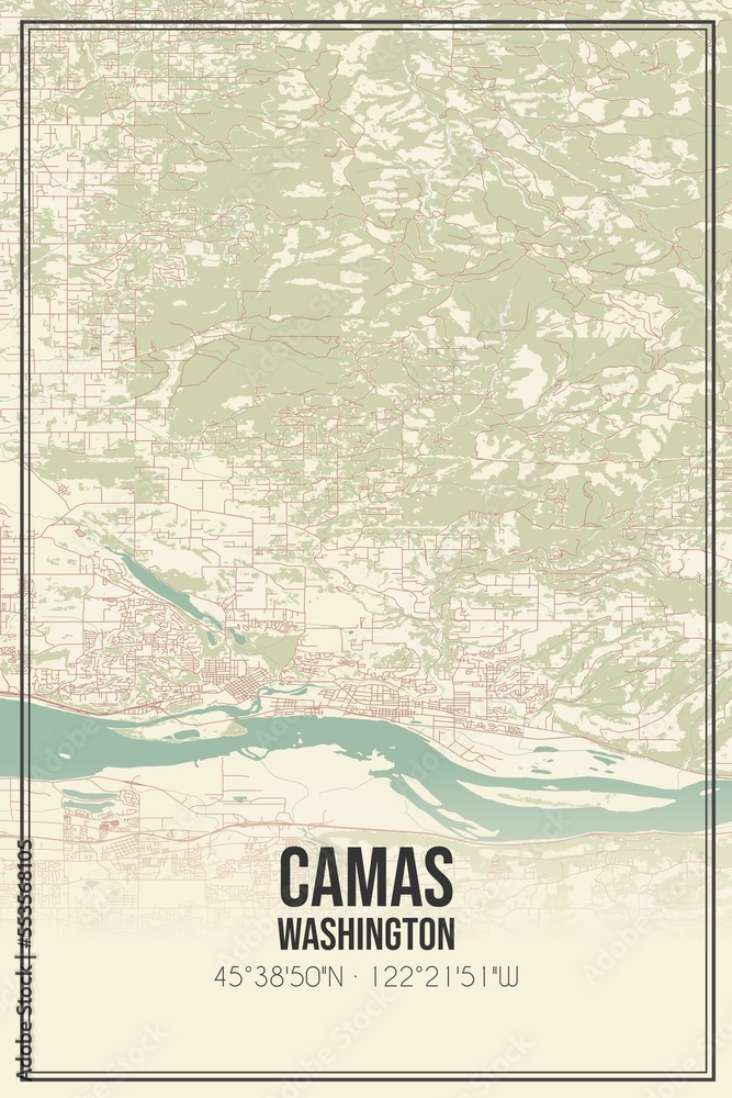 Retro US city map of Camas, Washington. Vintage street map.