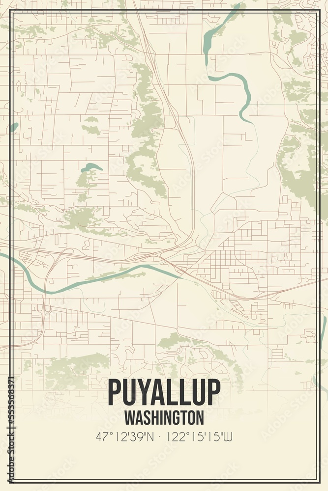 Retro US city map of Puyallup, Washington. Vintage street map.