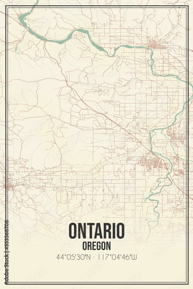 Retro US city map of Ontario, Oregon. Vintage street map.
