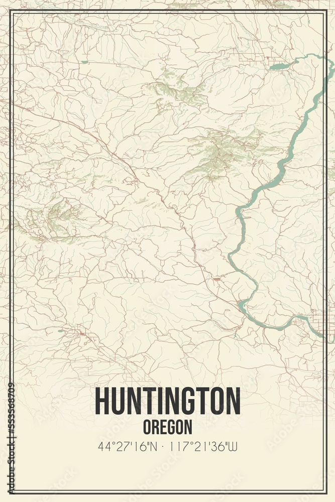 Retro US city map of Huntington, Oregon. Vintage street map.