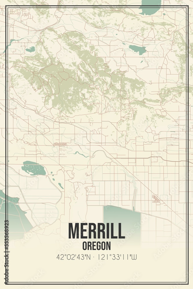 Retro US city map of Merrill, Oregon. Vintage street map.