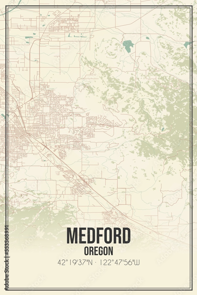 Retro US city map of Medford, Oregon. Vintage street map.