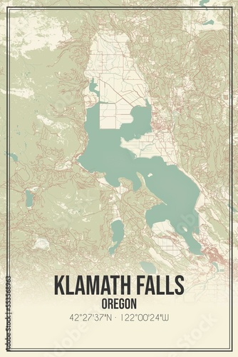 Retro US city map of Klamath Falls, Oregon. Vintage street map.