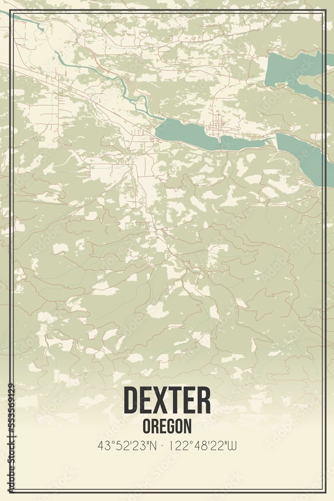 Retro US city map of Dexter, Oregon. Vintage street map.