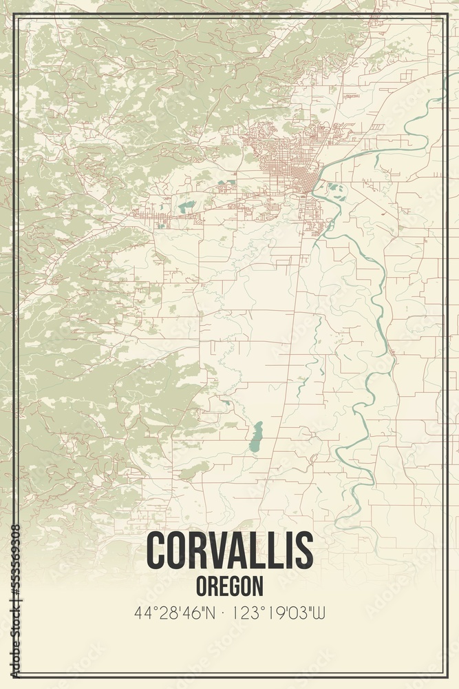 Retro US city map of Corvallis, Oregon. Vintage street map.