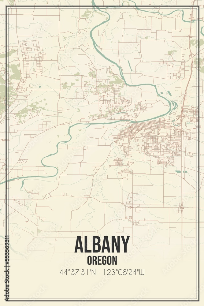 Retro US city map of Albany, Oregon. Vintage street map.