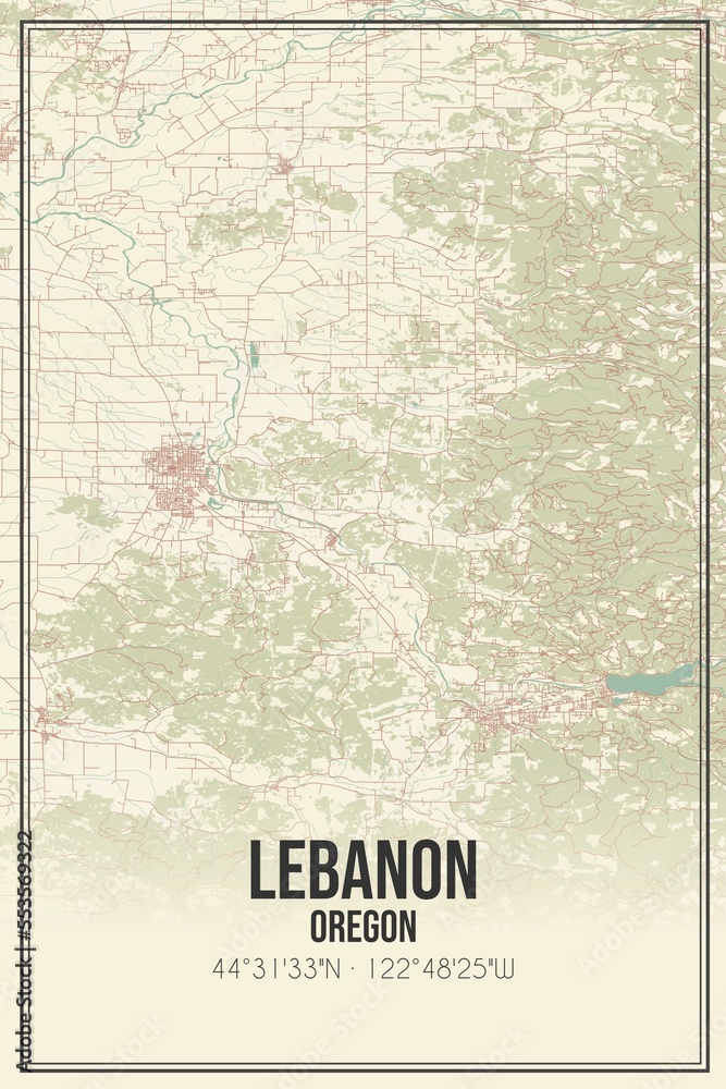 Fototapeta premium Retro US city map of Lebanon, Oregon. Vintage street map.