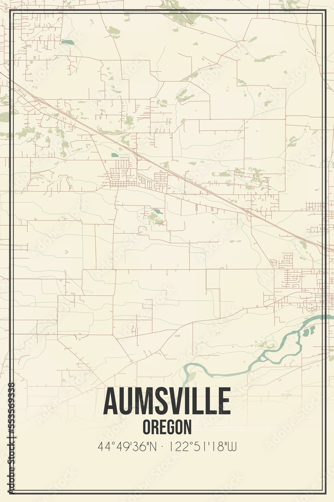 Retro US city map of Aumsville, Oregon. Vintage street map.
