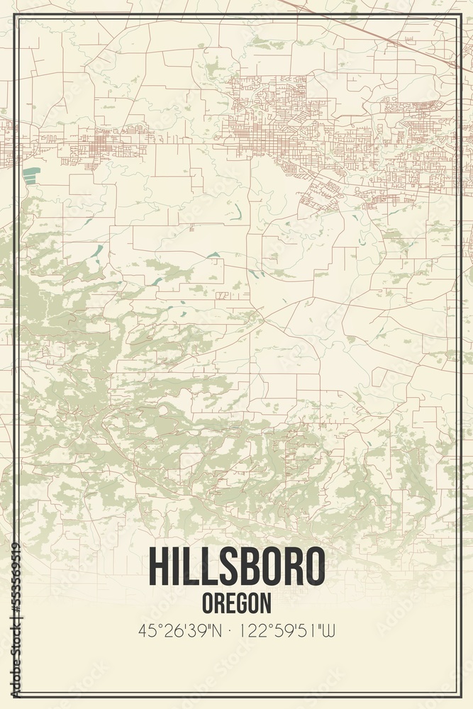 Retro US city map of Hillsboro, Oregon. Vintage street map.