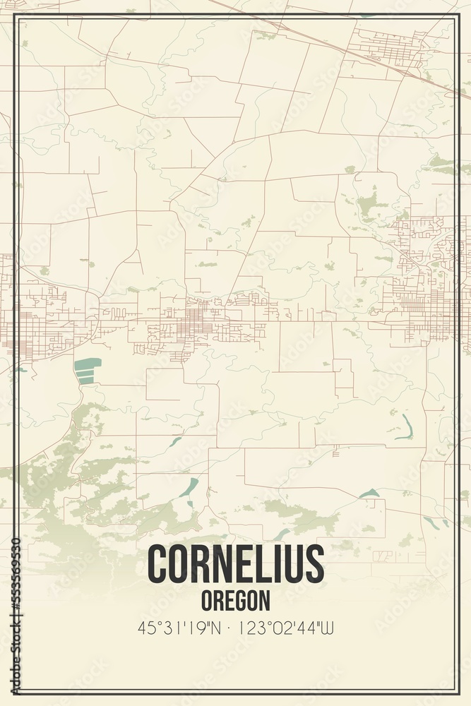 Retro US city map of Cornelius, Oregon. Vintage street map.