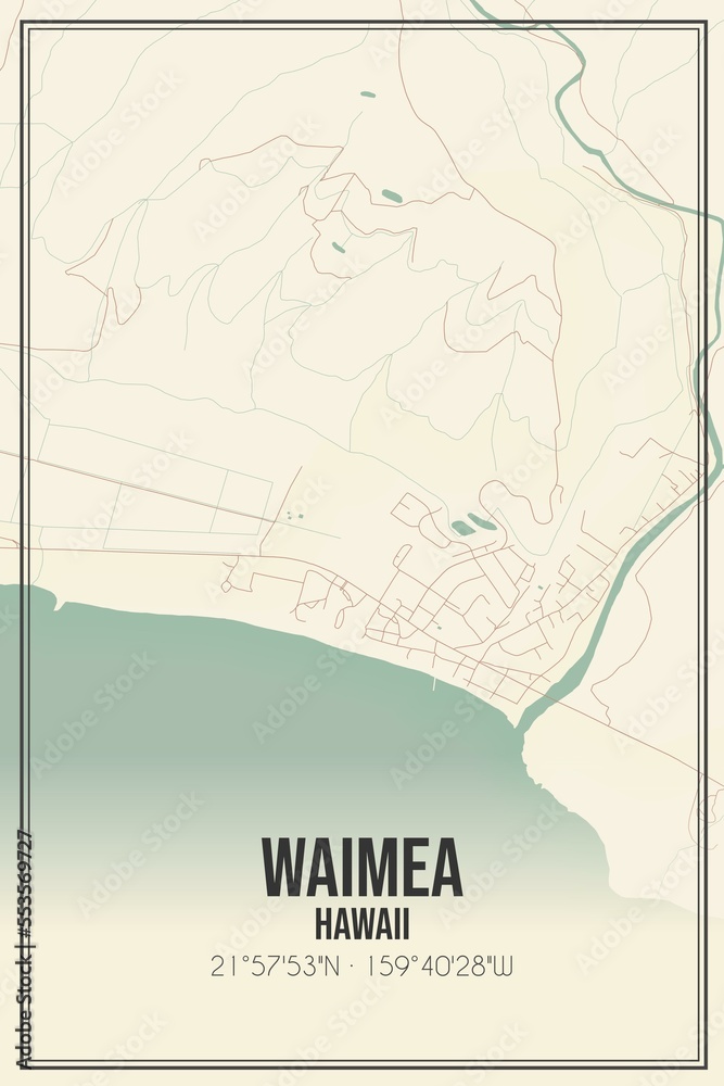 Retro US city map of Waimea, Hawaii. Vintage street map.