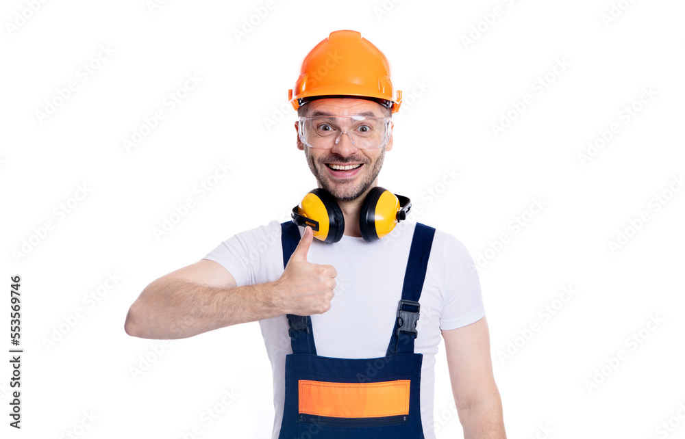 occupation of worker man show thumb up isolated on white background. occupation of worker man show thumb up isolated on white background.