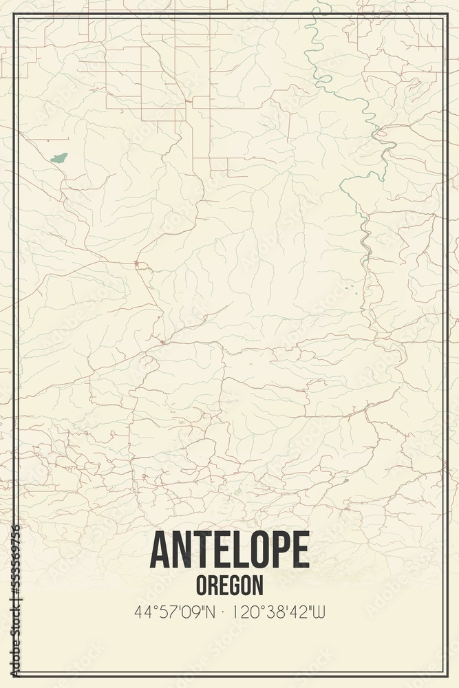 Retro US city map of Antelope, Oregon. Vintage street map.