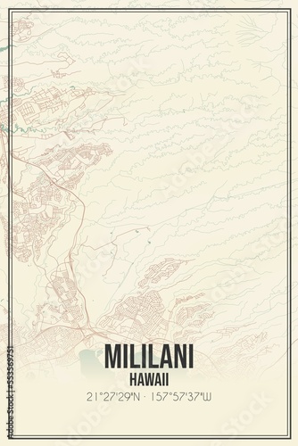 Retro US city map of Mililani  Hawaii. Vintage street map.