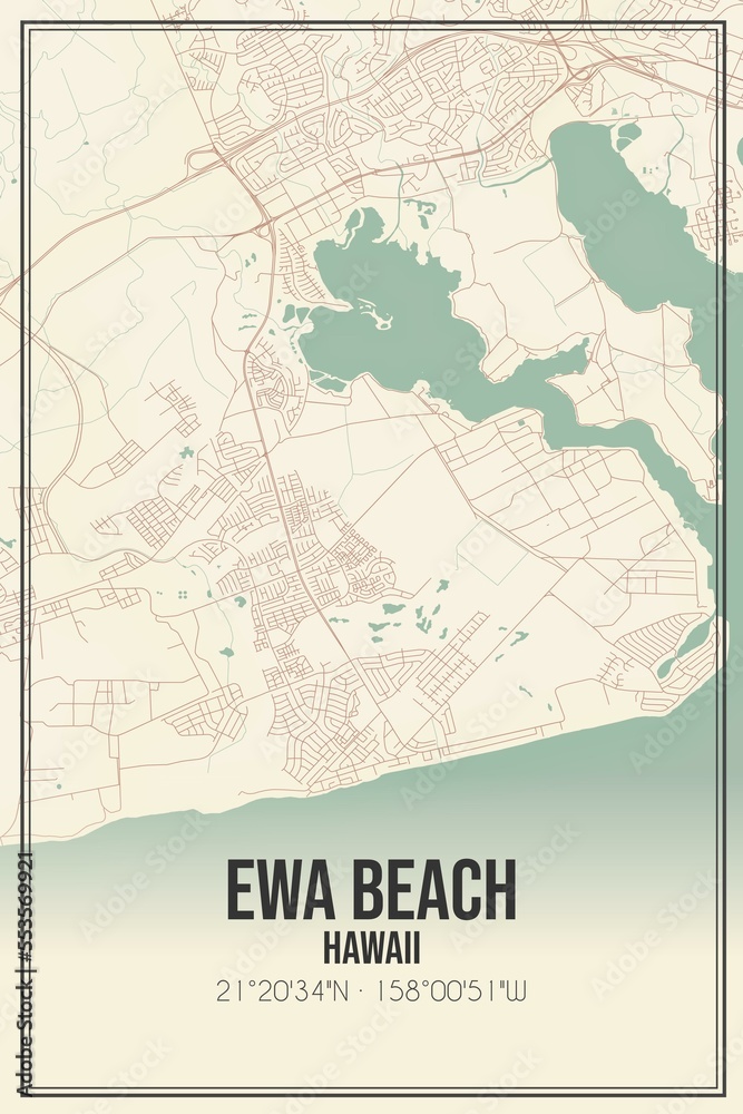 Retro US city map of Ewa Beach, Hawaii. Vintage street map.