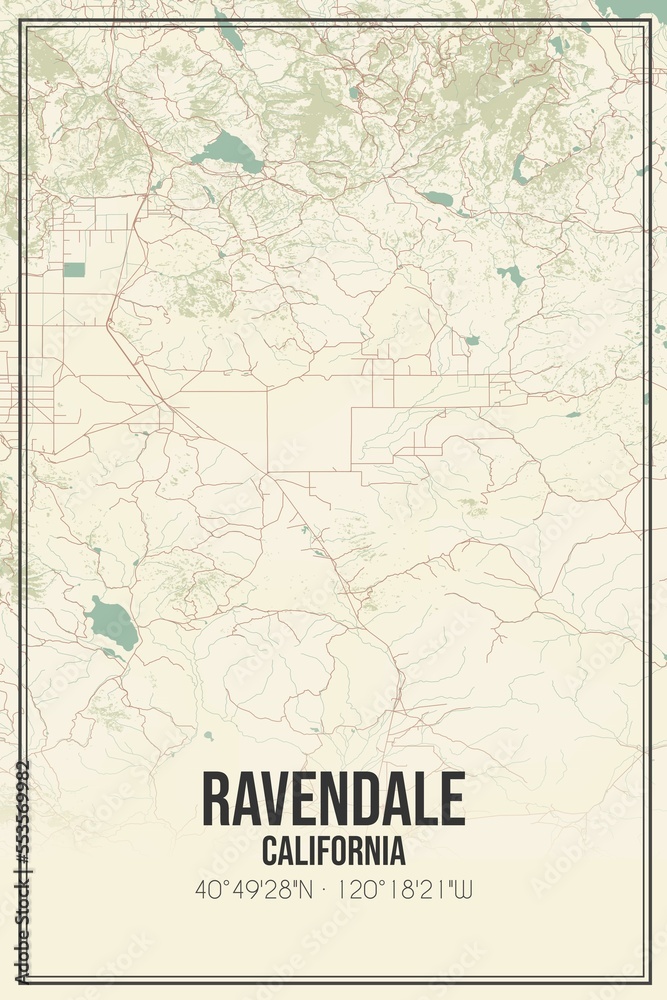 Retro US city map of Ravendale, California. Vintage street map.