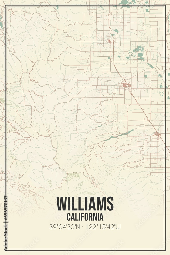 Retro US city map of Williams, California. Vintage street map.
