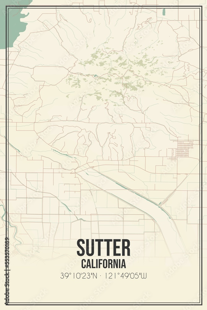 Retro US city map of Sutter, California. Vintage street map.