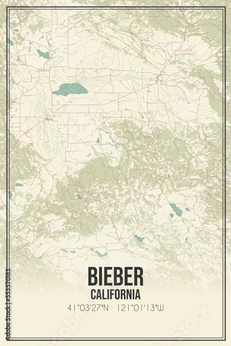 Retro US city map of Bieber  California. Vintage street map.