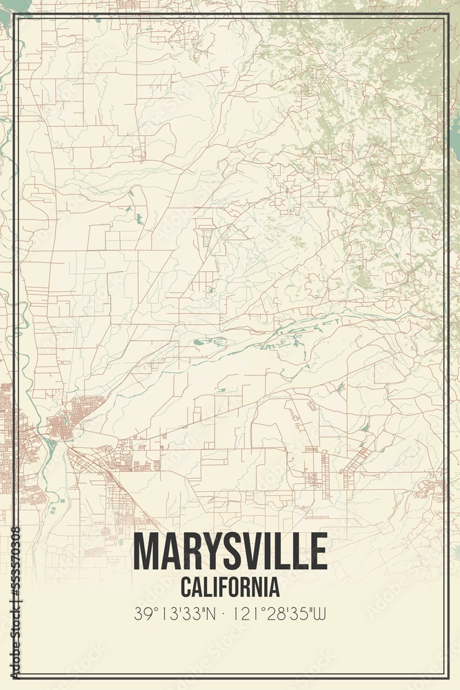 Retro US city map of Marysville, California. Vintage street map.