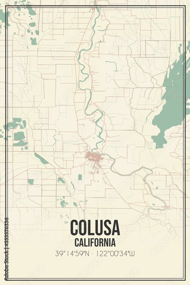 Retro US city map of Colusa, California. Vintage street map.