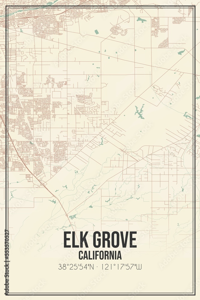Retro US city map of Elk Grove, California. Vintage street map.