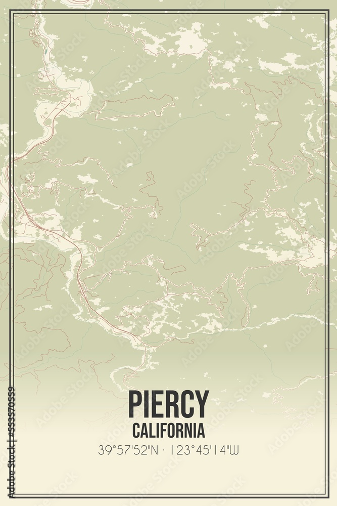 Retro US city map of Piercy, California. Vintage street map.