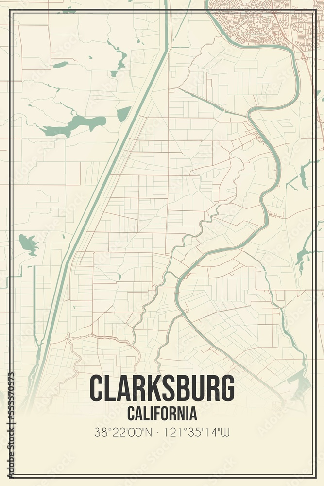 Retro US city map of Clarksburg, California. Vintage street map.